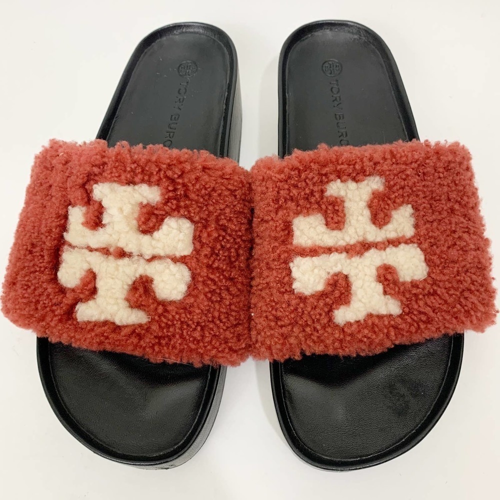 Tory Burch Double T Shearling Slide Sandals in Smoked Paprika size 9.5